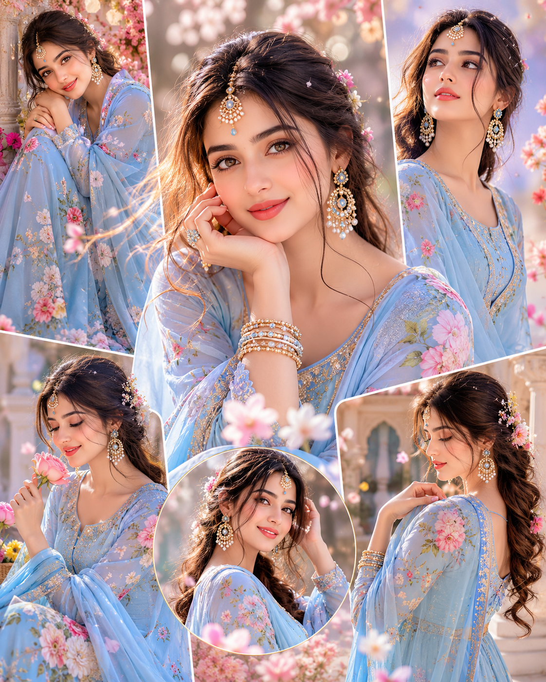 Create a dreamy aesthetic portrait collage of a beautiful young Indian girl wear