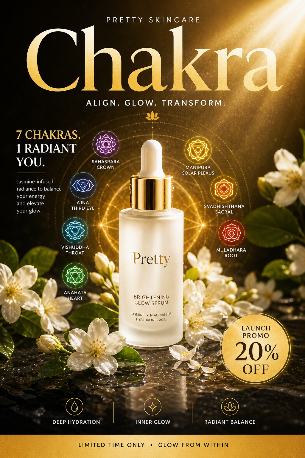 Design a striking marketing poster for a Promo. Headline text: "Chakra". Bold mo